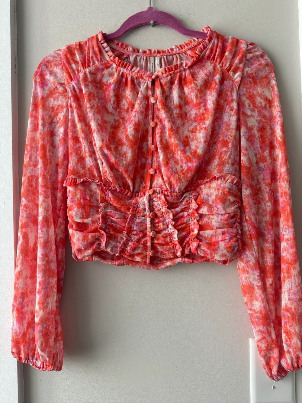 Anthropologie Pink-Orange Floral Sheer Ruched Long-Sleeve Crop Top